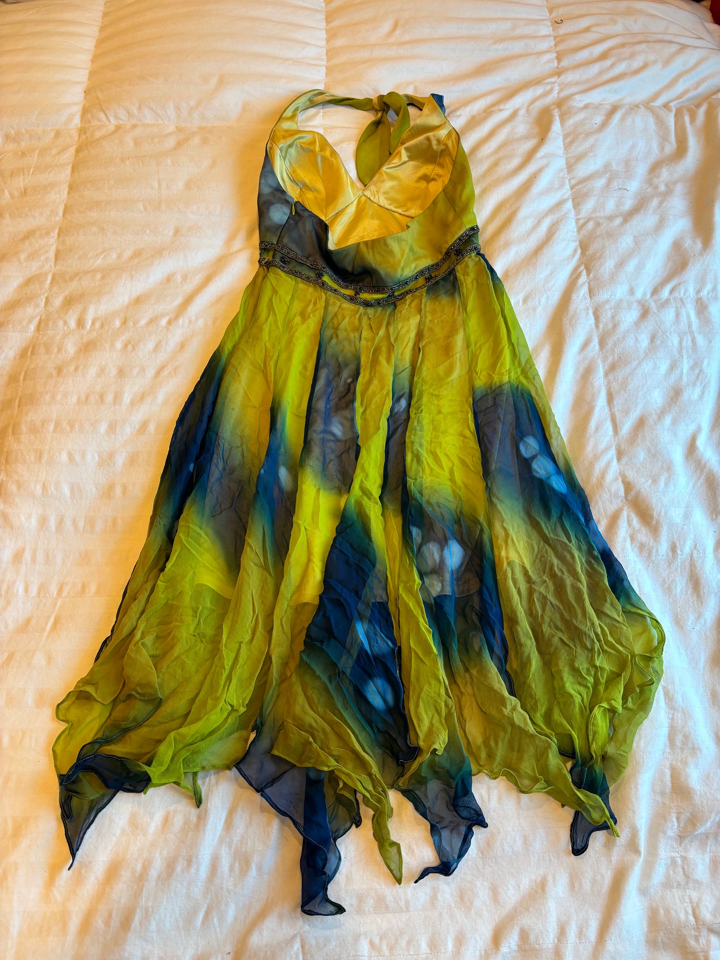asymmetrical beaded halter lotus dress
