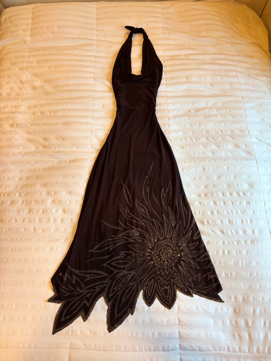 beaded cowl neck maxi dress