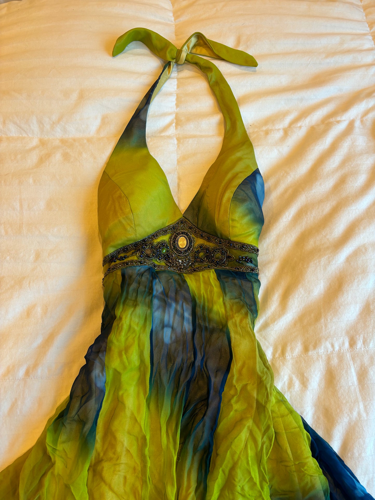 asymmetrical beaded halter lotus dress