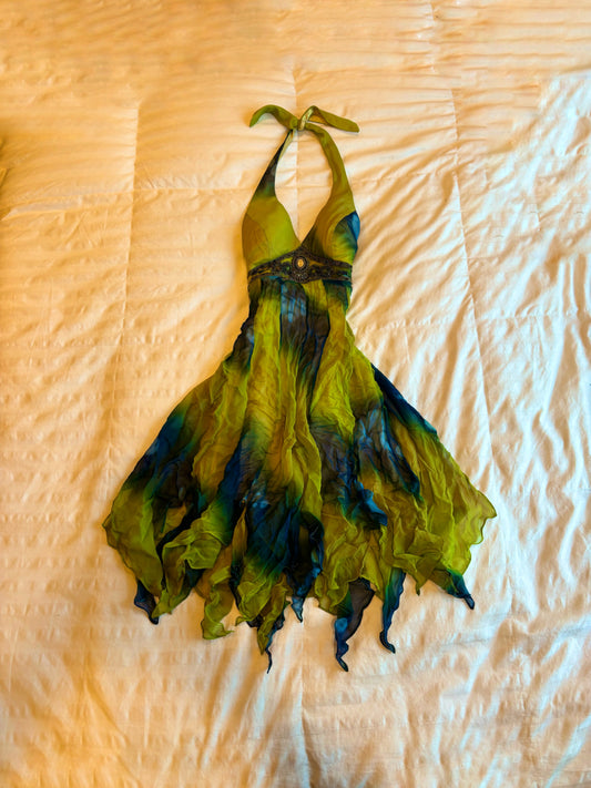 asymmetrical beaded halter lotus dress