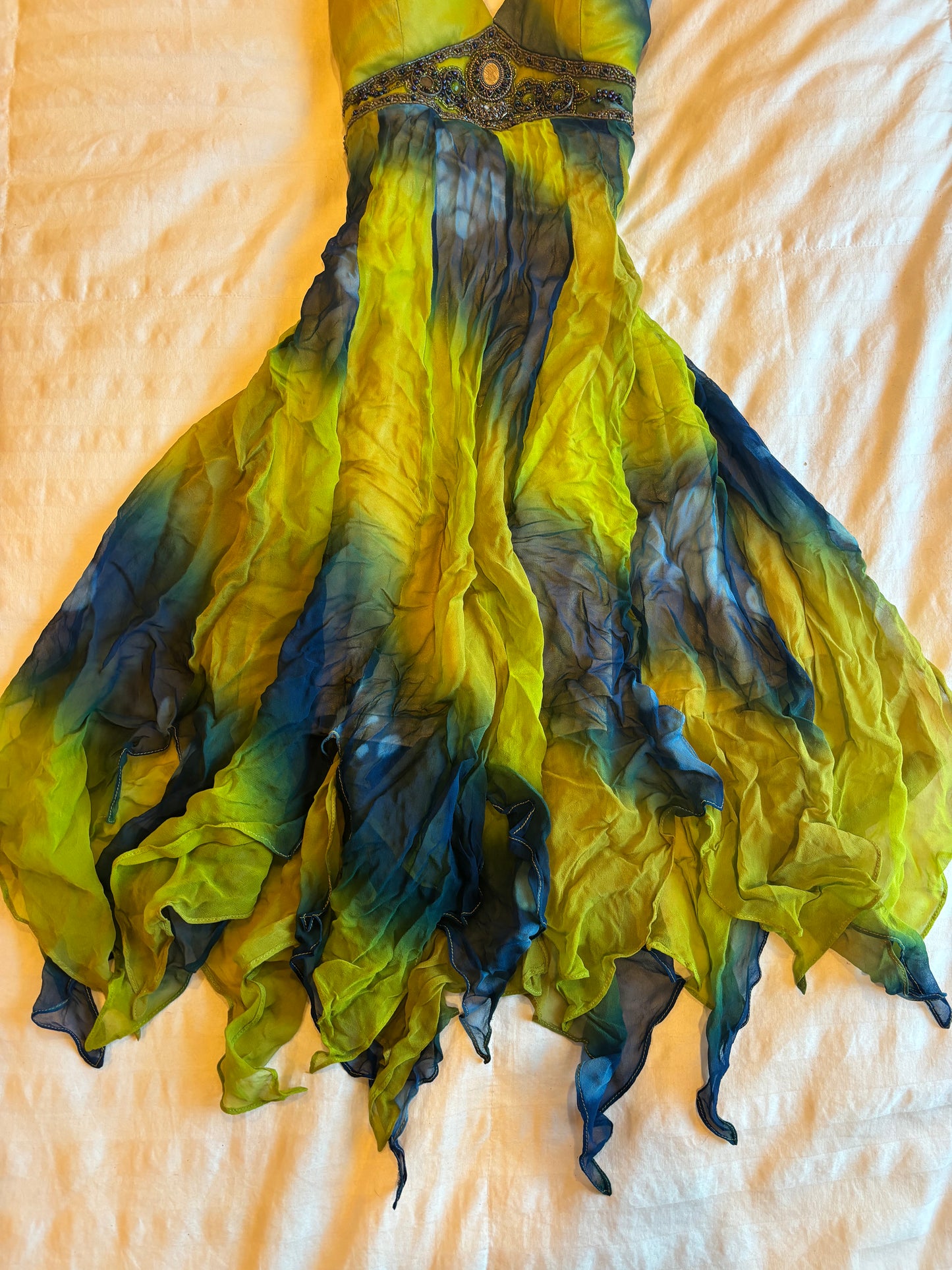 asymmetrical beaded halter lotus dress